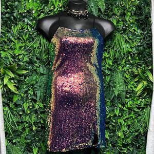LIK Dress Large Iridescent Purple Green Gold Sequin Mini Spaghetti Strap 3710